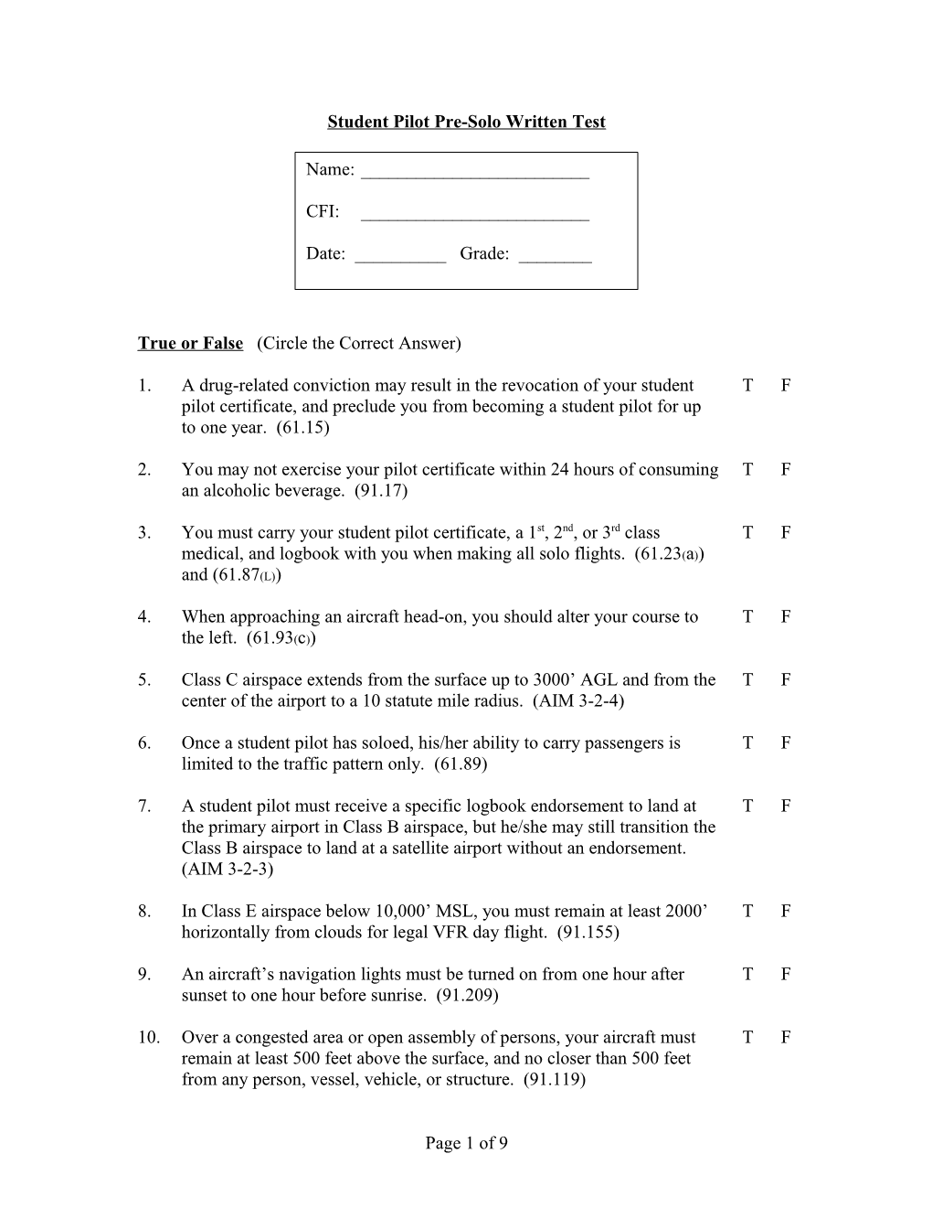 Student Pilot Pre-Solo Written Test