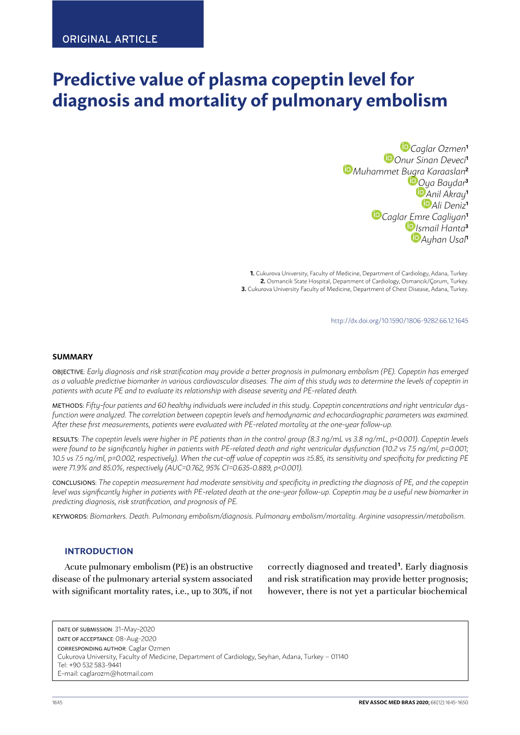 Predictive Value of Plasma Copeptin Level for Diagnosis and Mortality of Pulmonary Embolism