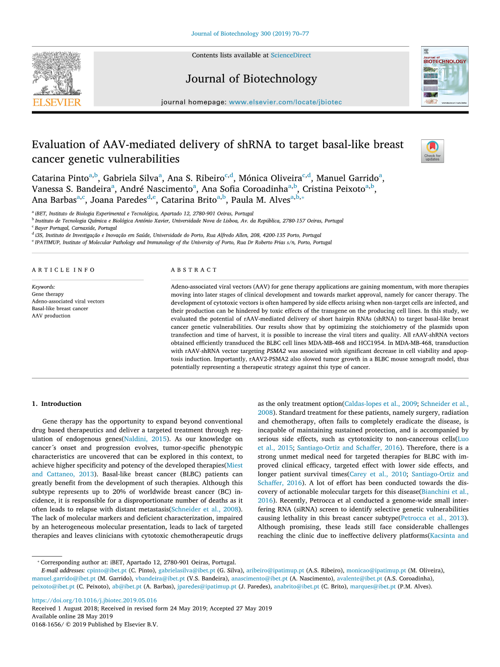 Evaluation of AAV-Mediated Delivery of Shrna to Target Basal-Like Breast T Cancer Genetic Vulnerabilities Catarina Pintoa,B, Gabriela Silvaa, Ana S