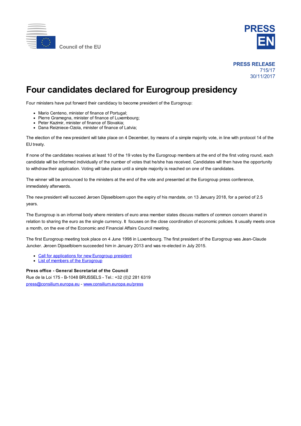 Four Candidates Declared for Eurogroup Presidency