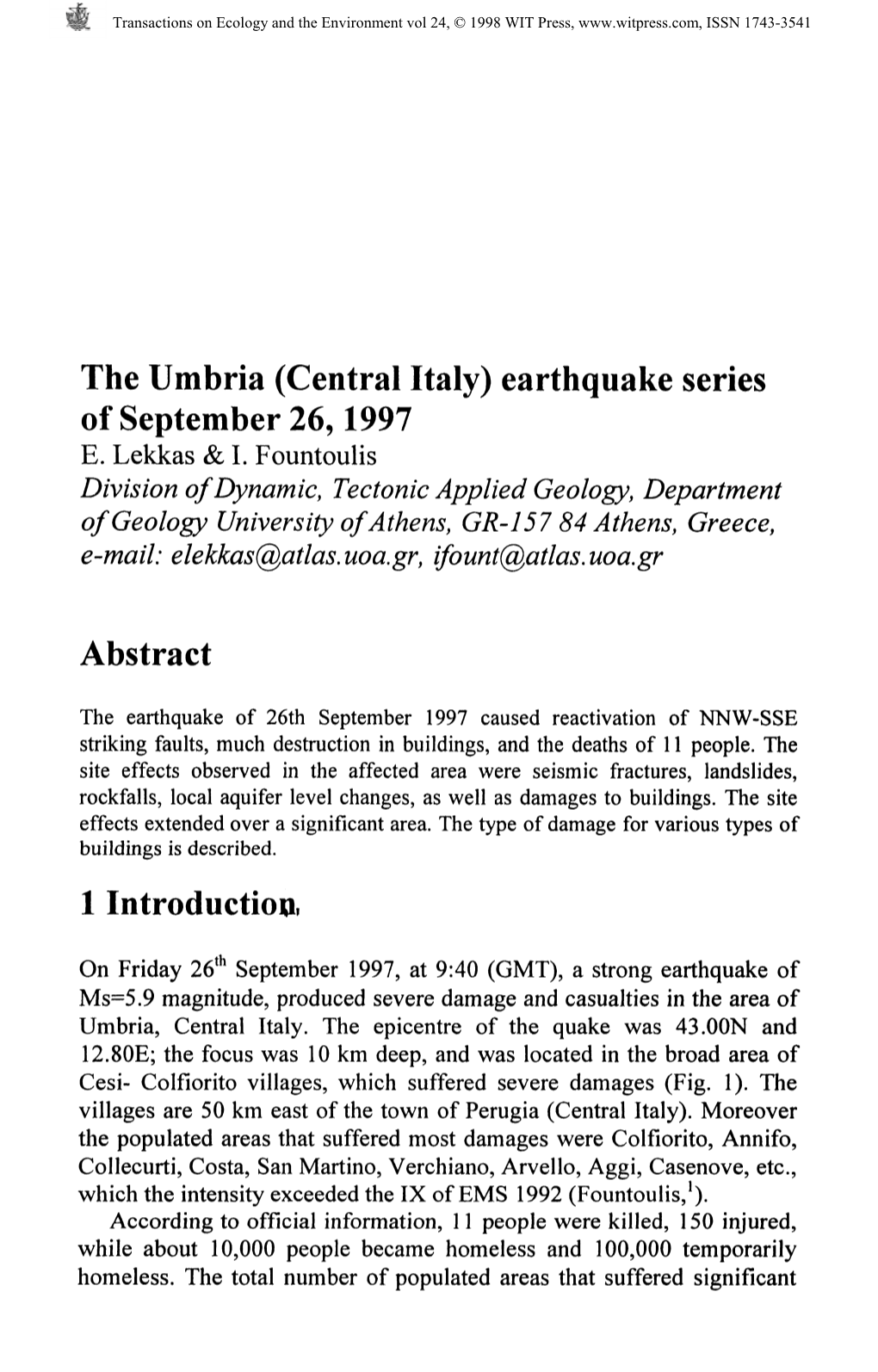 The Umbria (Central Italy) Earthquake Series of September 26,1997 E