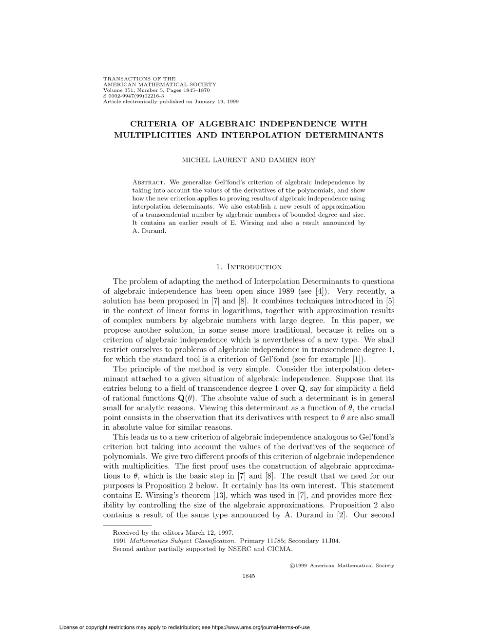 Criteria of Algebraic Independence with Multiplicities and Interpolation Determinants