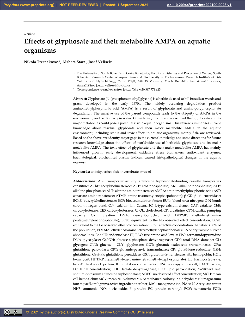 Effects of Glyphosate and Their Metabolite AMPA on Aquatic Organisms