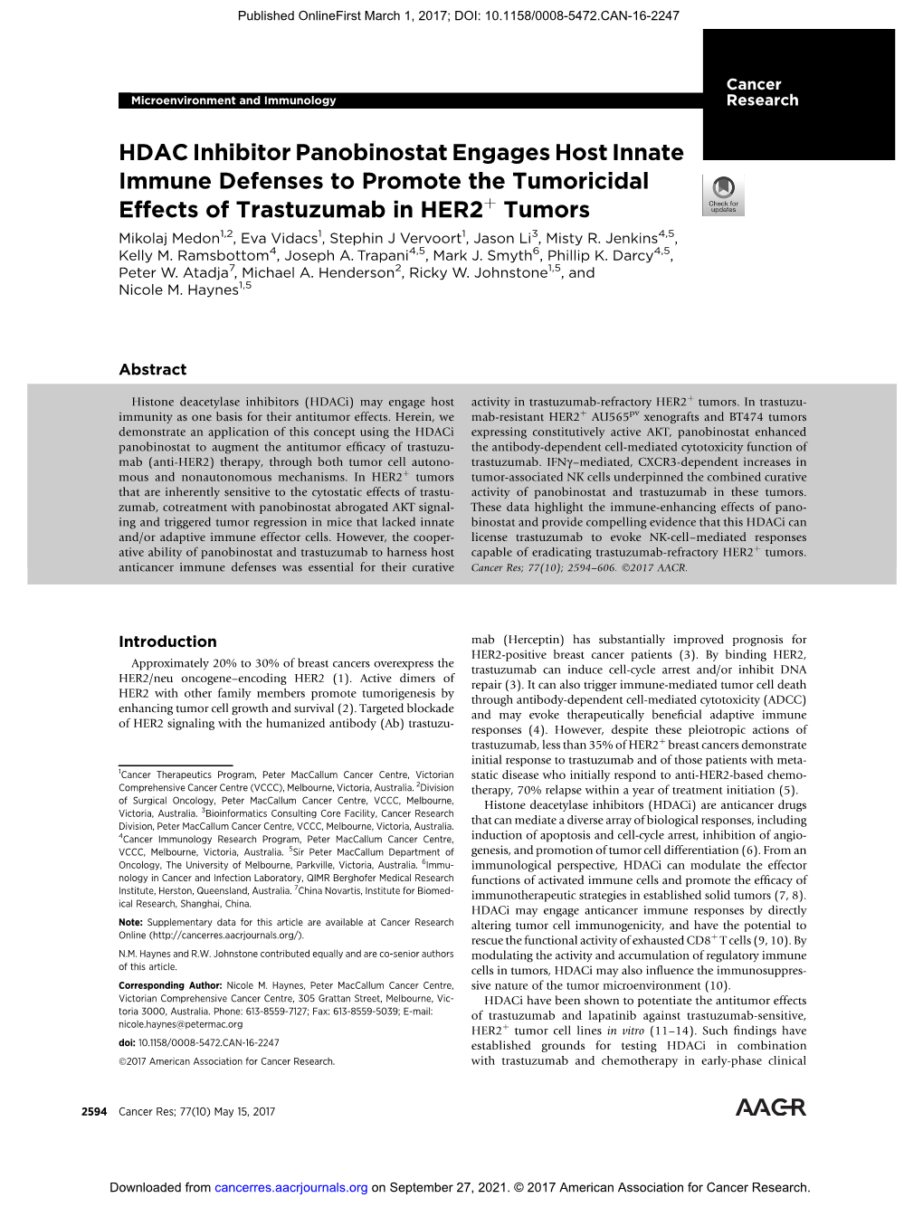 HDAC Inhibitor Panobinostat Engages Host Innate Immune Defenses to Promote the Tumoricidal Effects of Trastuzumab in HER2 Tumors