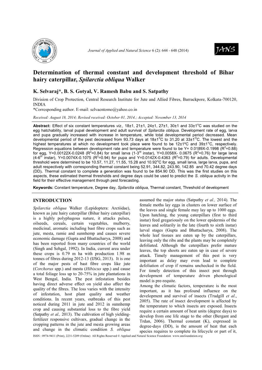 Determination of Thermal Constant and Development Threshold of Bihar Hairy Caterpillar, Spilarctia Obliqua Walker