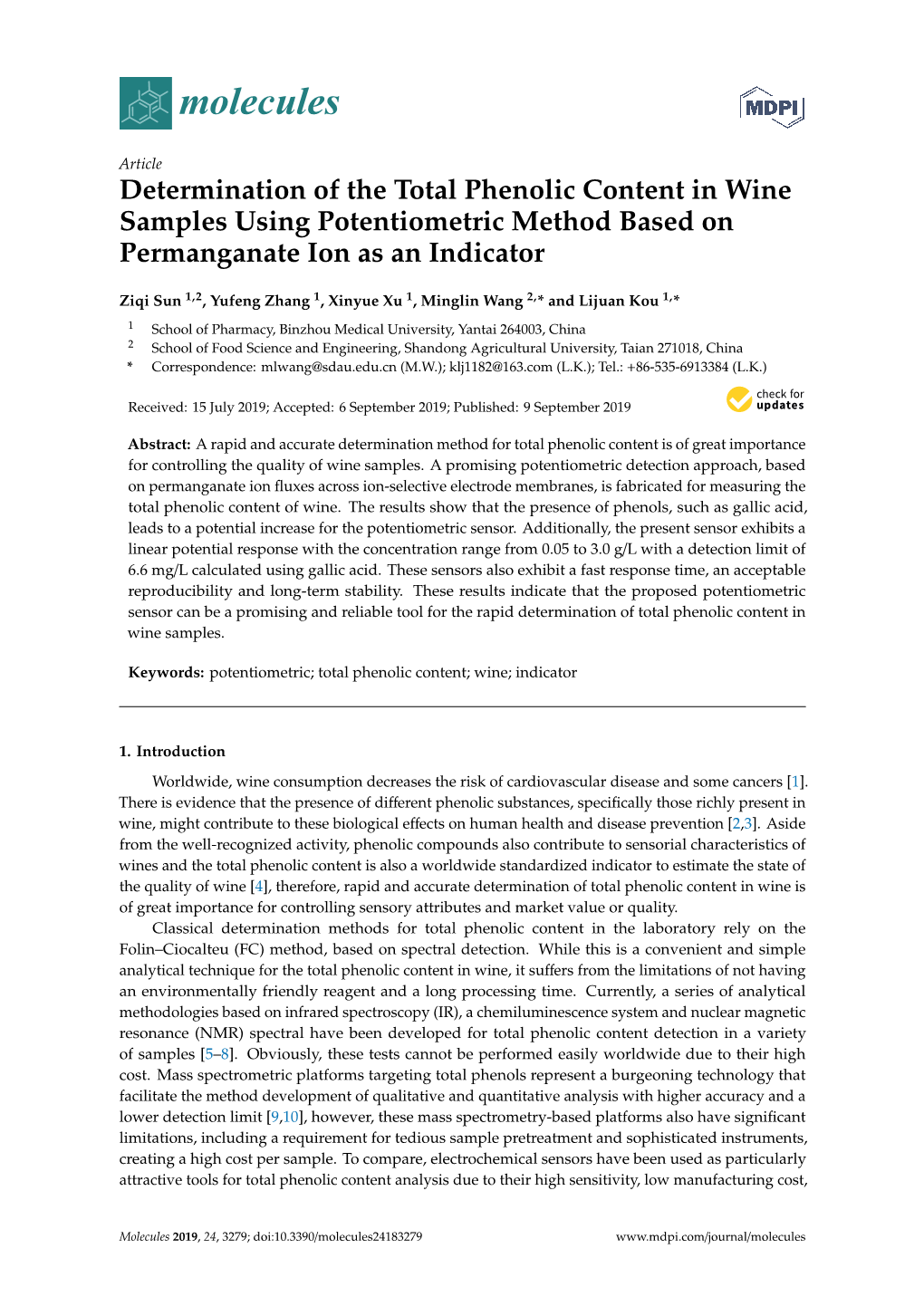 Determination of the Total Phenolic Content in Wine Samples Using Potentiometric Method Based on Permanganate Ion As an Indicator