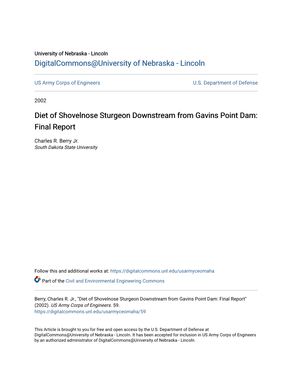 Diet of Shovelnose Sturgeon Downstream from Gavins Point Dam: Final Report