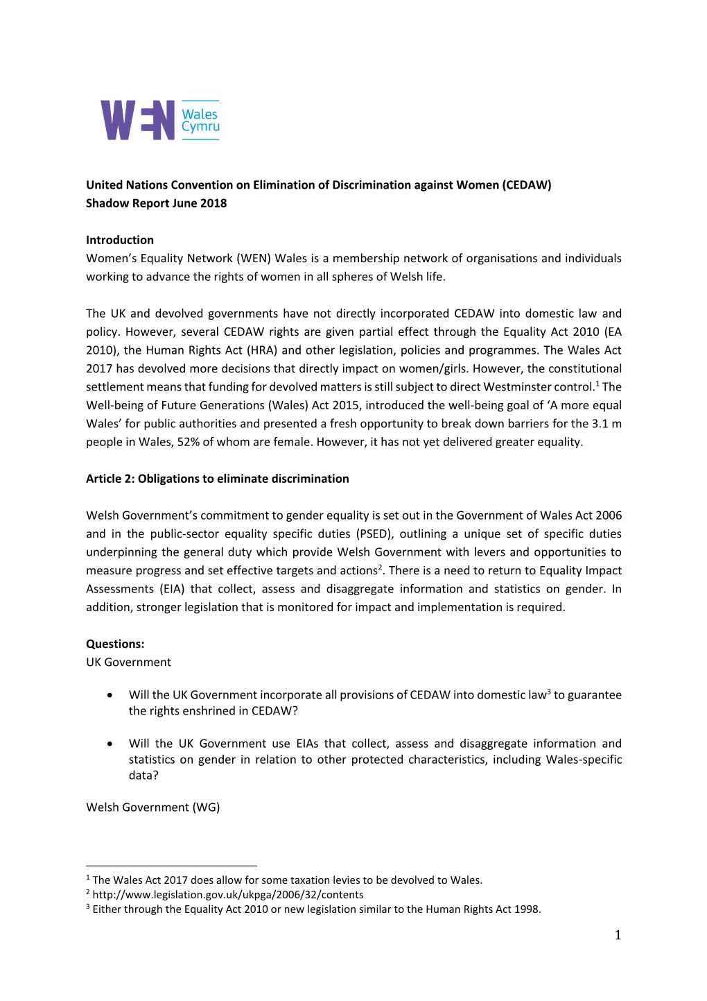 United Nations Convention on Elimination of Discrimination Against Women (CEDAW) Shadow Report June 2018 Introduction Women's