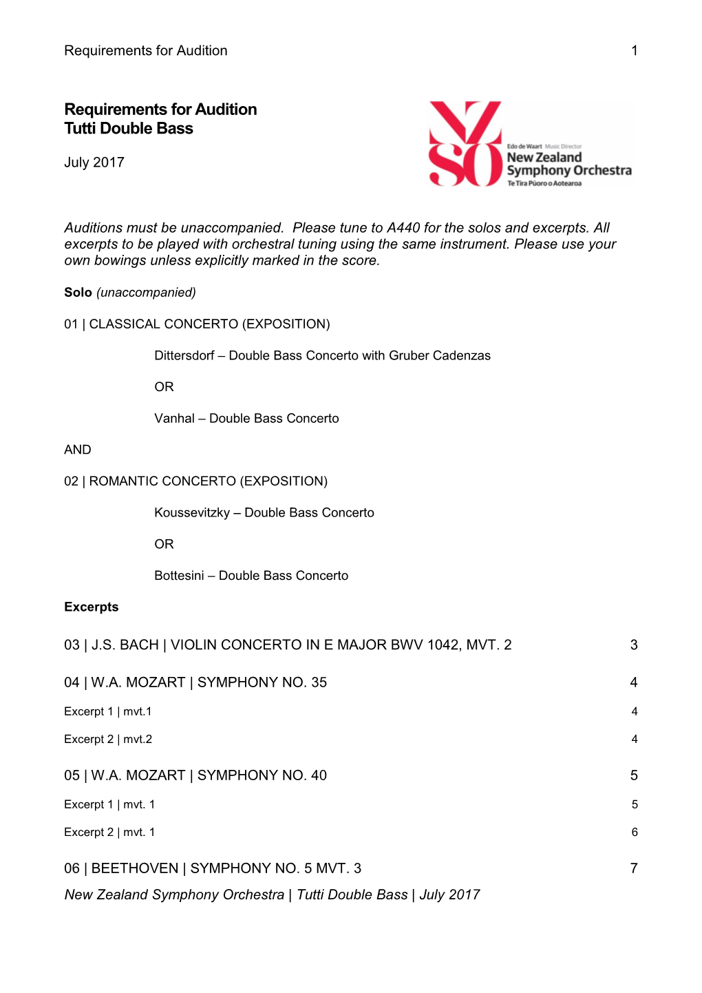 Requirements for Audition Tutti Double Bass