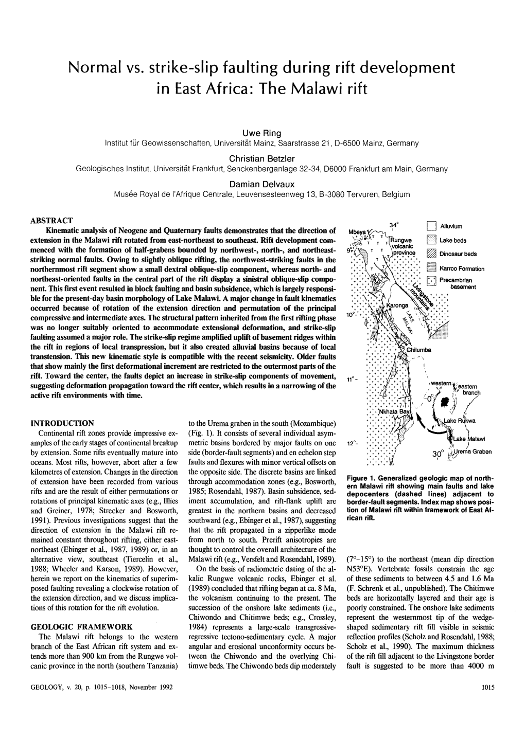 Normal Vs. Strike-Slip Faulting During Rift Development in East Africa: the Malawi Rift