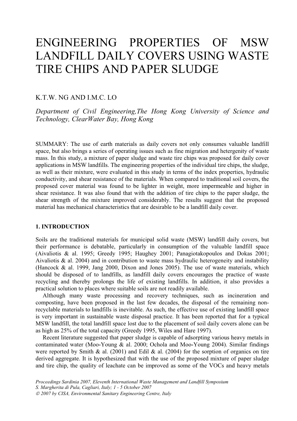 Engineering Properties of Msw Landfill Daily Covers Using Waste Tire Chips and Paper Sludge