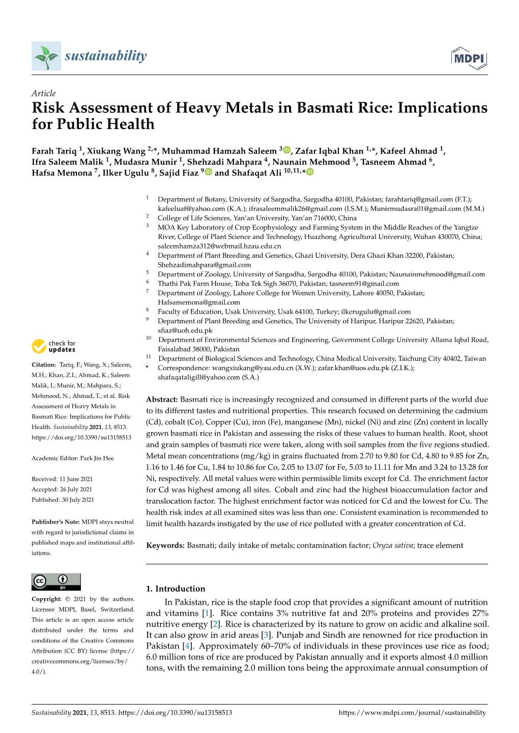 Risk Assessment of Heavy Metals in Basmati Rice: Implications for Public Health