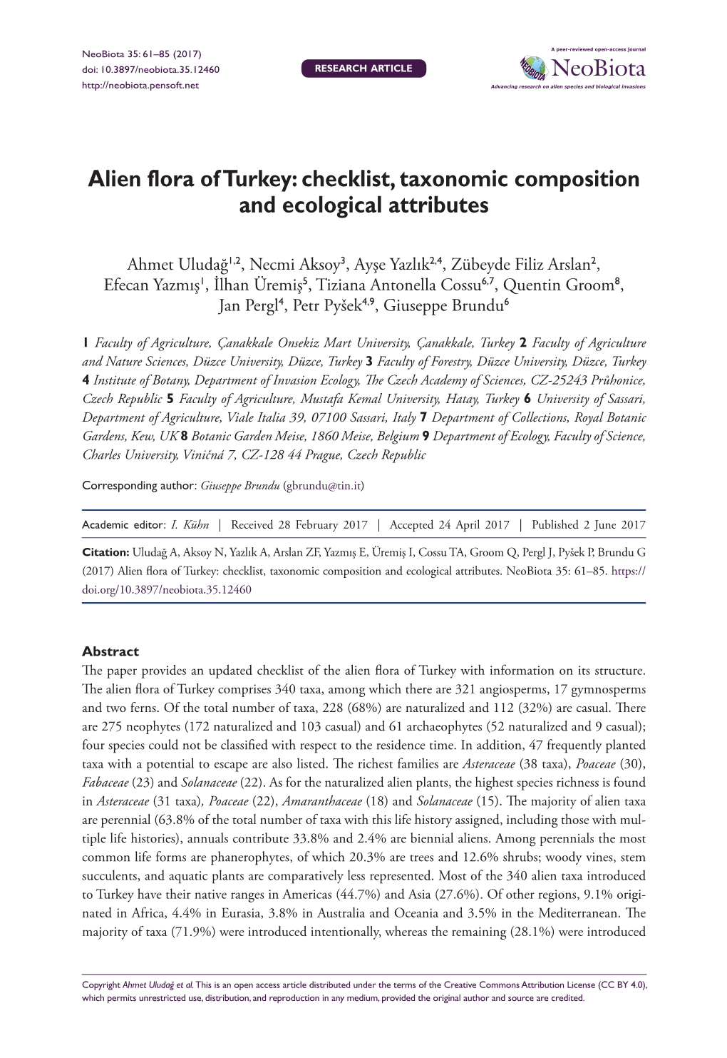 Alien Flora of Turkey: Checklist, Taxonomic Composition and Ecological Attributes