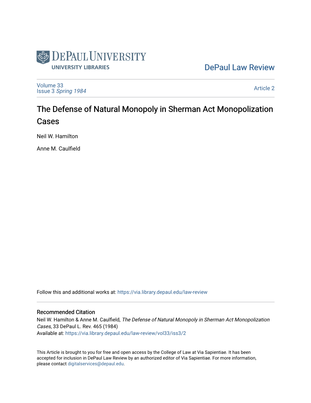 The Defense of Natural Monopoly in Sherman Act Monopolization Cases