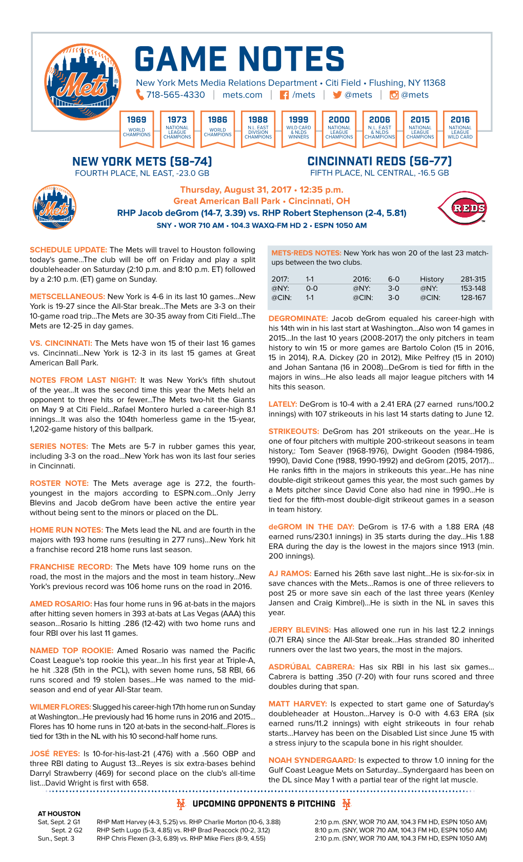 GAME NOTES New York Mets Media Relations Department • Citi Field • Flushing, NY 11368 718-565-4330 | Mets.Com | /Mets | @Mets | @Mets