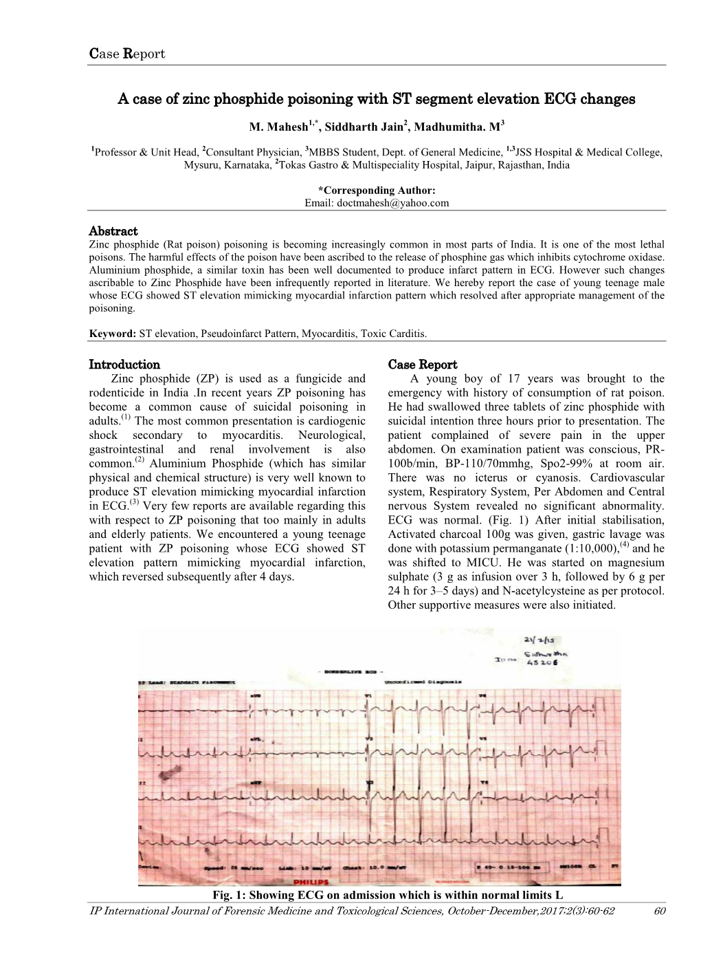 A Case of Zinc Phosphide Poisoning with ST Segment Elevation ECG Changes