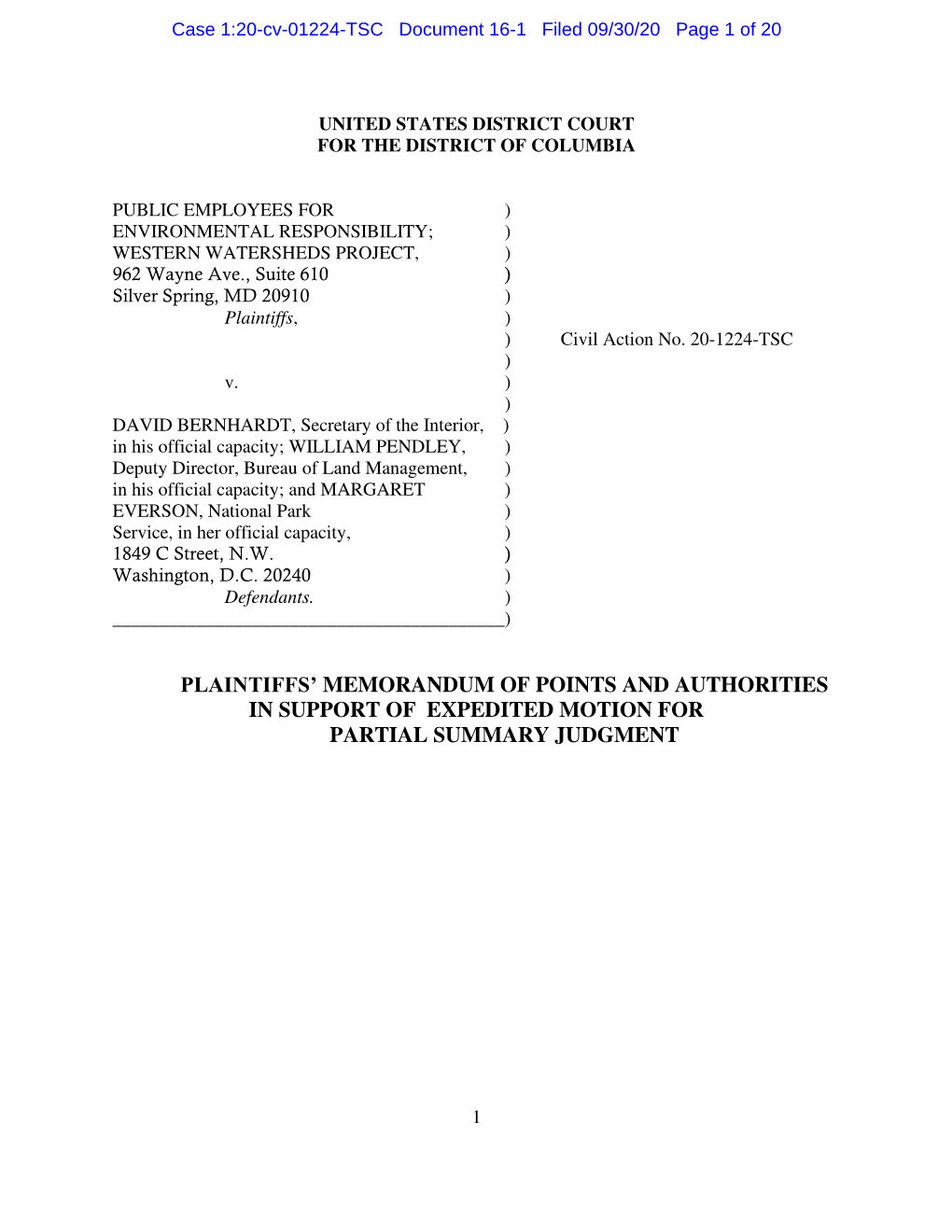 Plaintiffs' Memorandum of Points and Authorities In