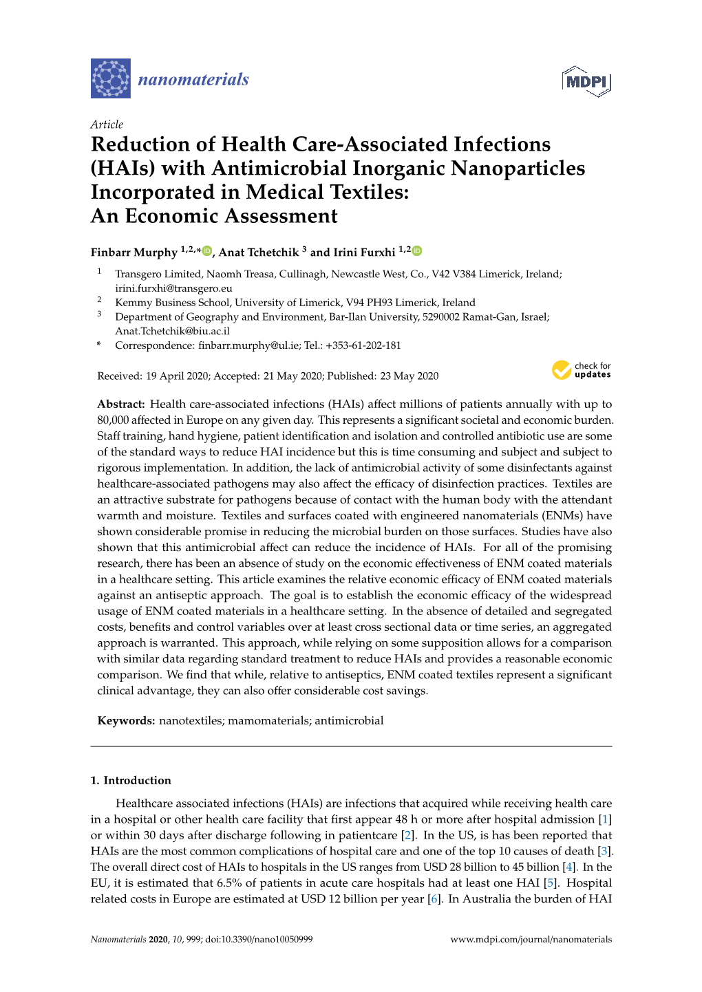 Reduction of Health Care-Associated Infections (Hais) with Antimicrobial Inorganic Nanoparticles Incorporated in Medical Textiles: an Economic Assessment