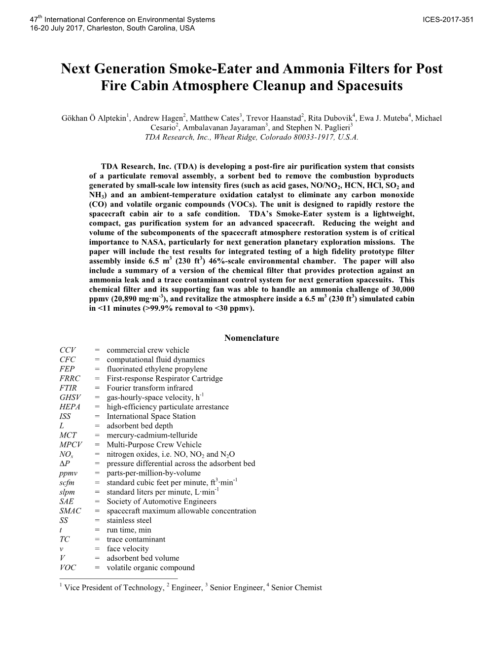 Next Generation Smoke-Eater and Ammonia Filters for Post Fire Cabin Atmosphere Cleanup and Spacesuits