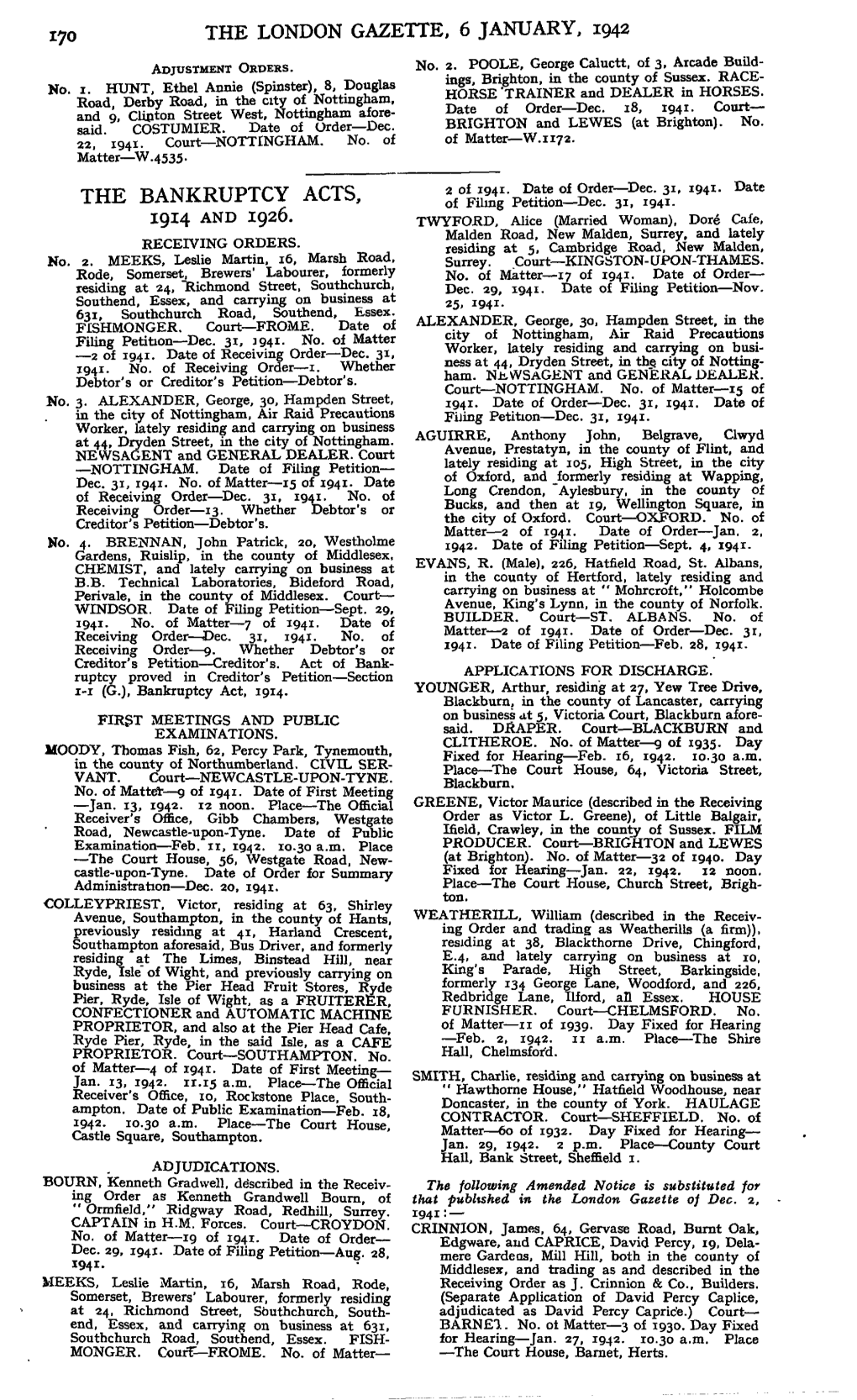 The London Gazette, 6 January, 1942 the Bankruptcy Acts