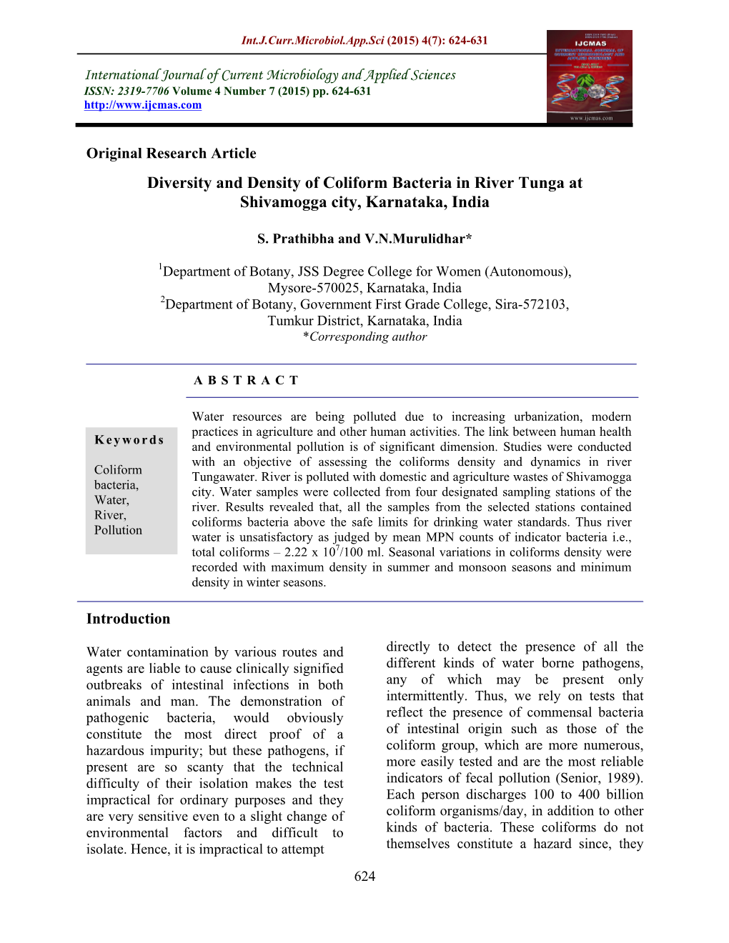 Diversity and Density of Coliform Bacteria in River Tunga at Shivamogga City, Karnataka, India