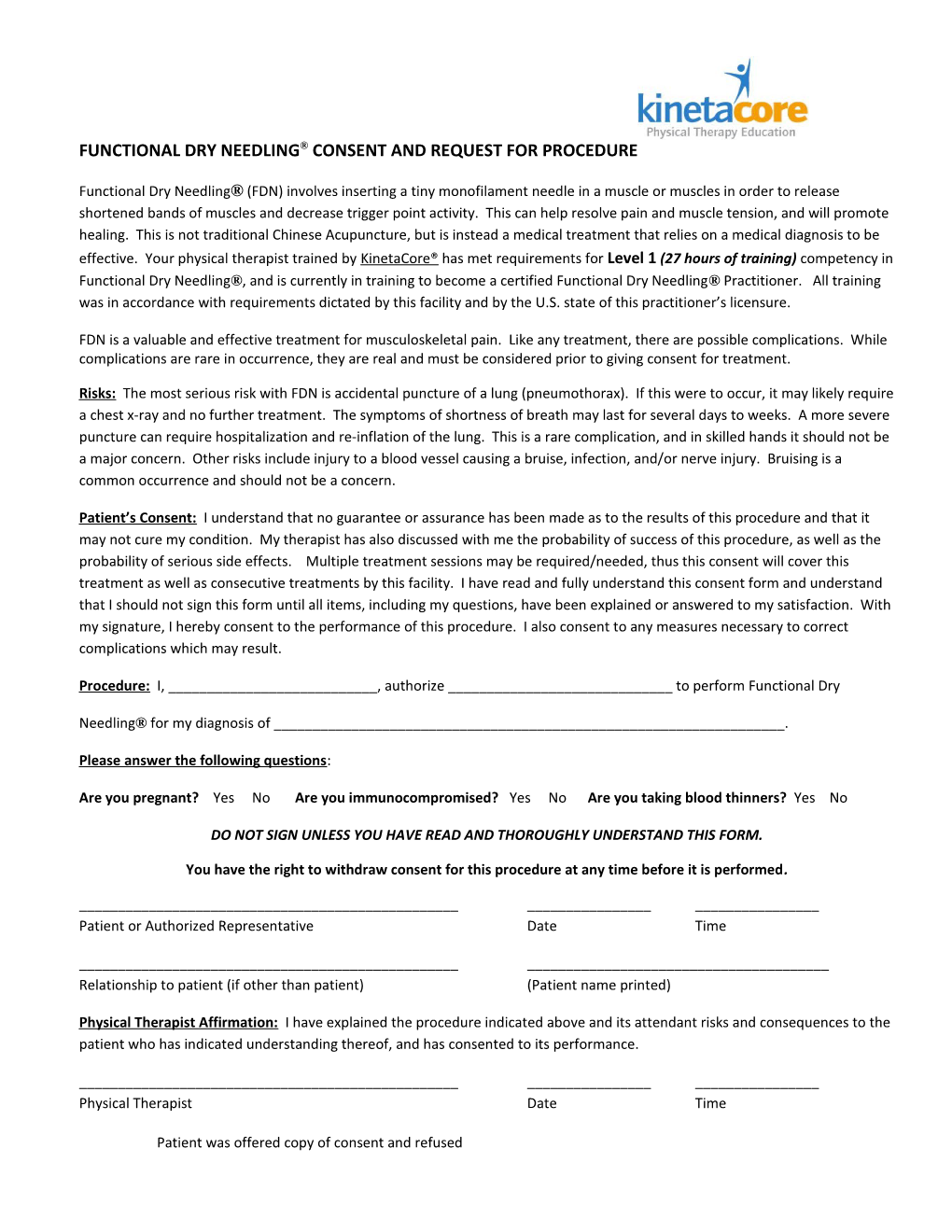 Functional Dry Needling Consent and Request for Procedure