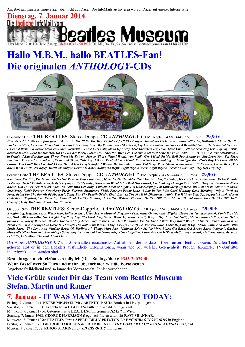 Hallo M.B.M., Hallo BEATLES-Fan! Die Originalen ANTHOLOGY-Cds