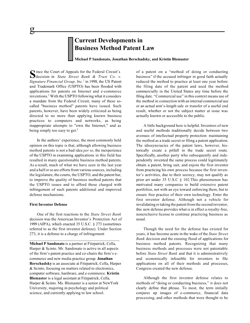 Current Developments in Business Method Patent Law