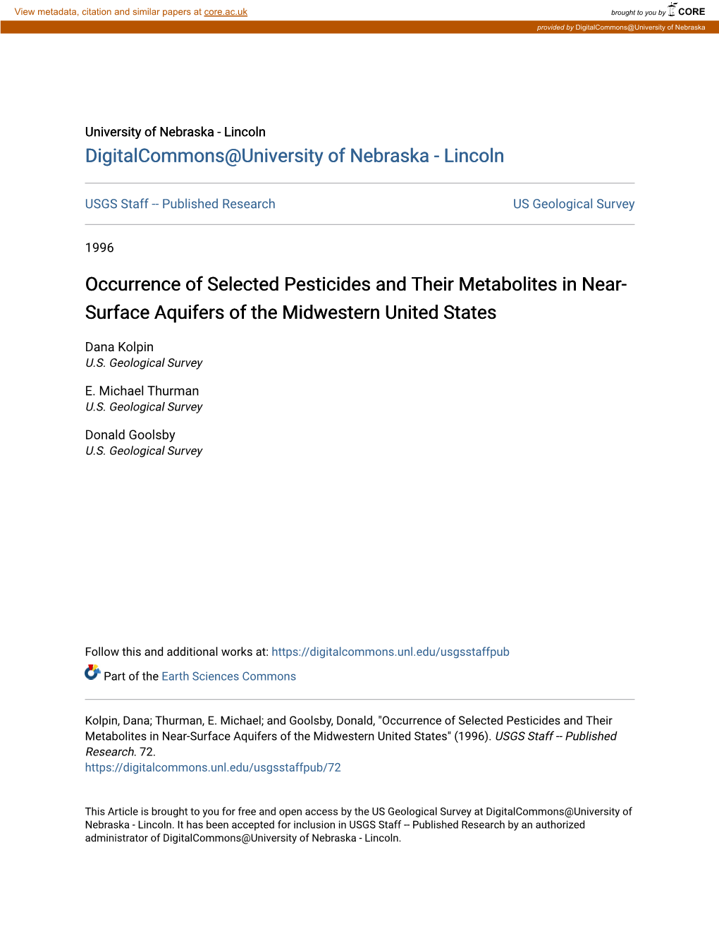 Occurrence of Selected Pesticides and Their Metabolites in Near- Surface Aquifers of the Midwestern United States