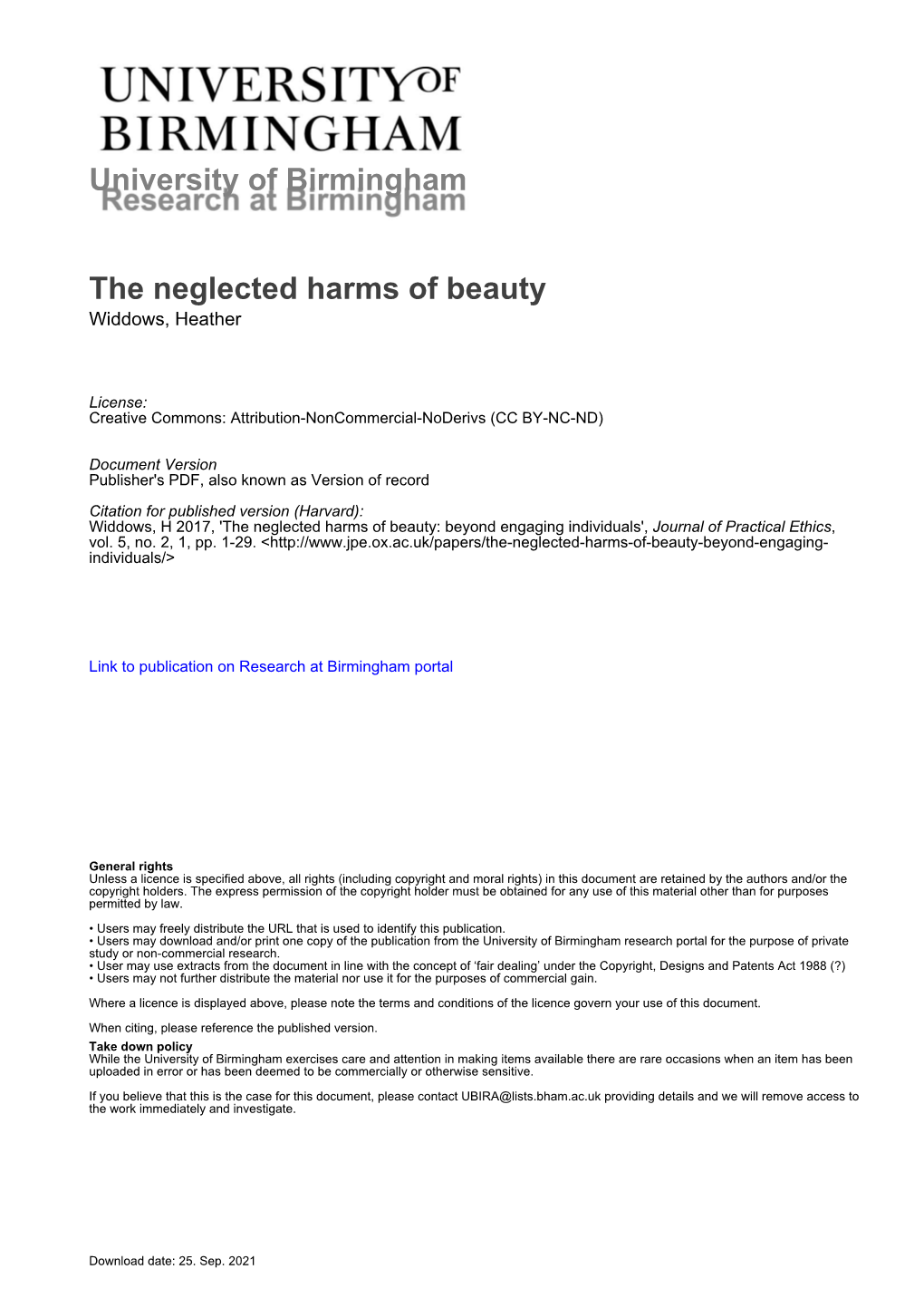 University of Birmingham the Neglected Harms of Beauty