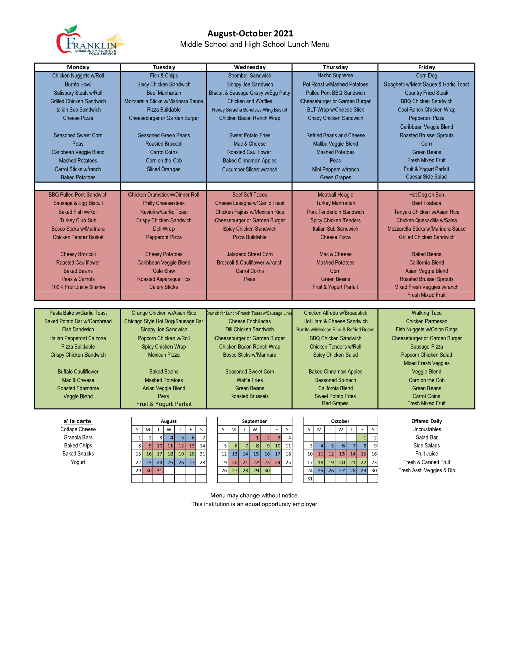 Middle School & High School Lunch Menu