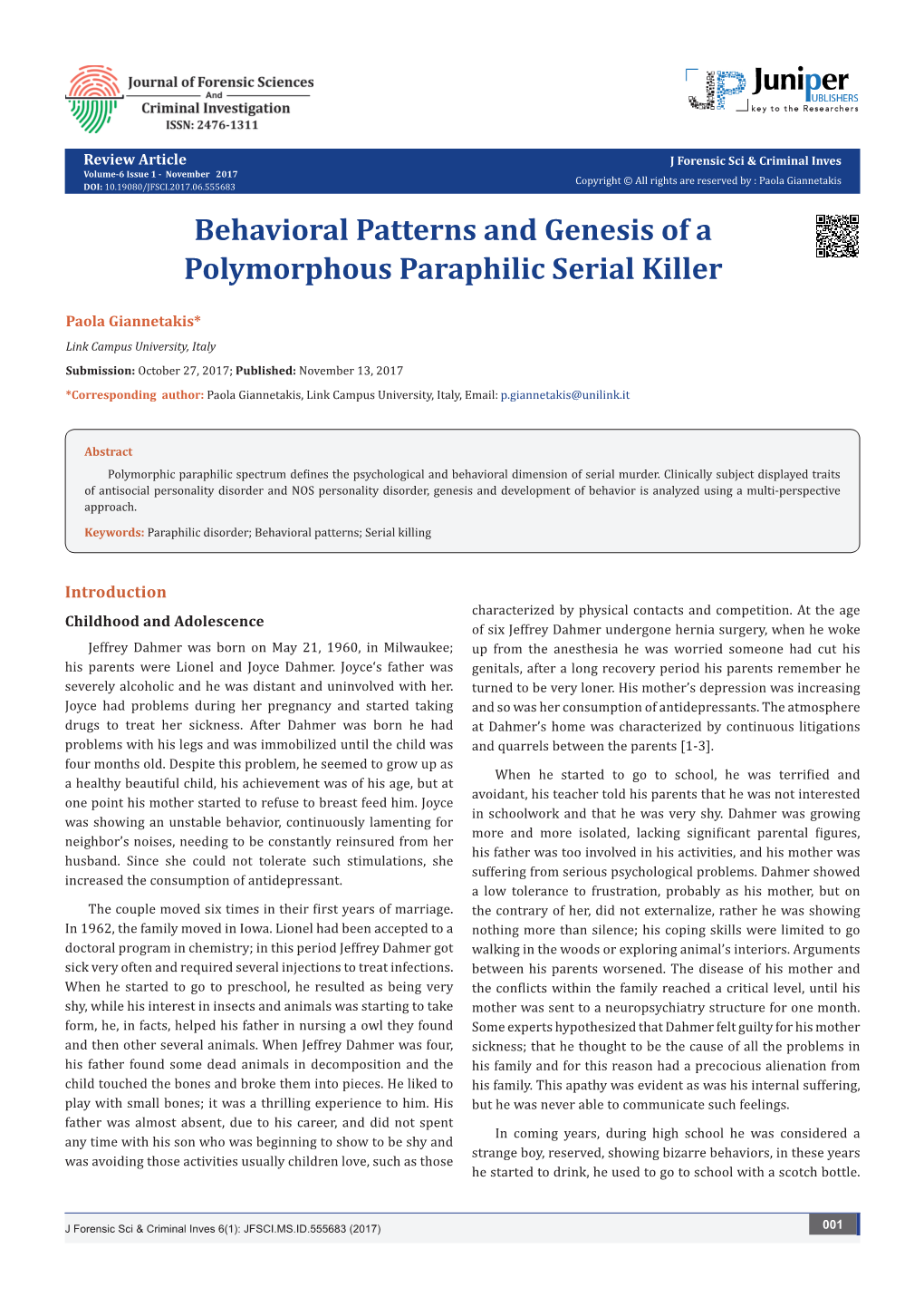 Behavioral Patterns and Genesis of a Polymorphous Paraphilic Serial Killer