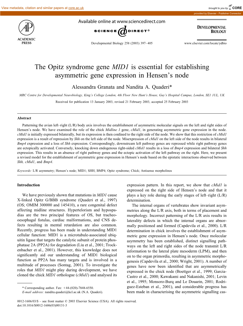 The Opitz Syndrome Gene MID1 Is Essential for Establishing Asymmetric Gene Expression in Hensen's Node