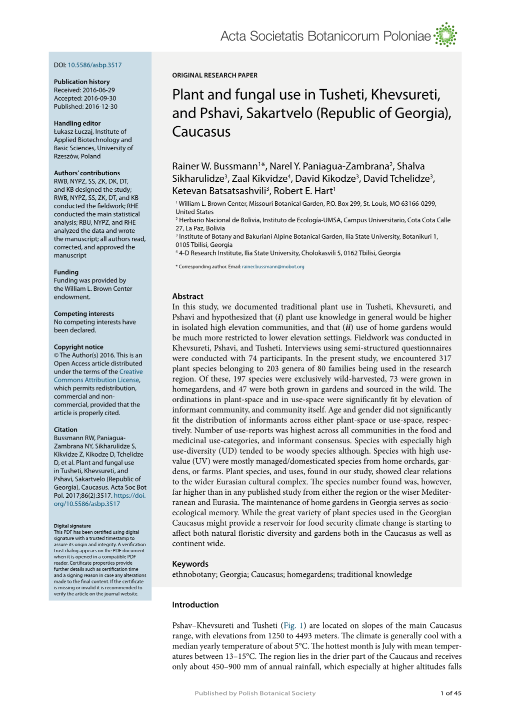 Plant and Fungal Use in Tusheti, Khevsureti, and Pshavi, Sakartvelo