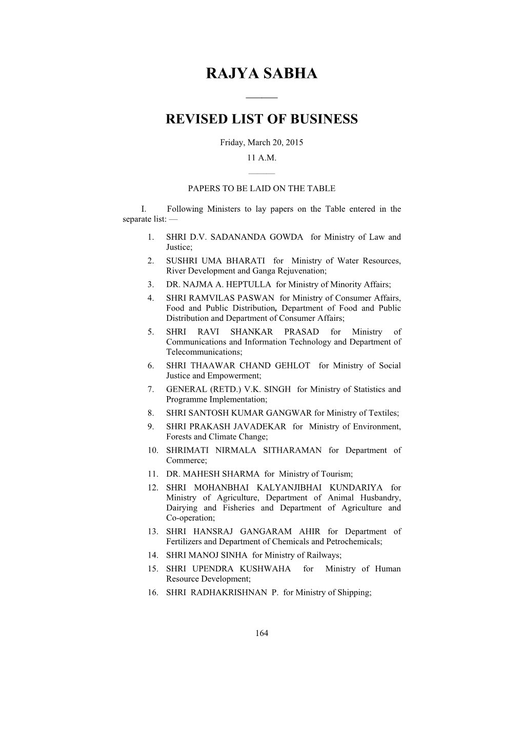 Rajya Sabha —— Revised List of Business