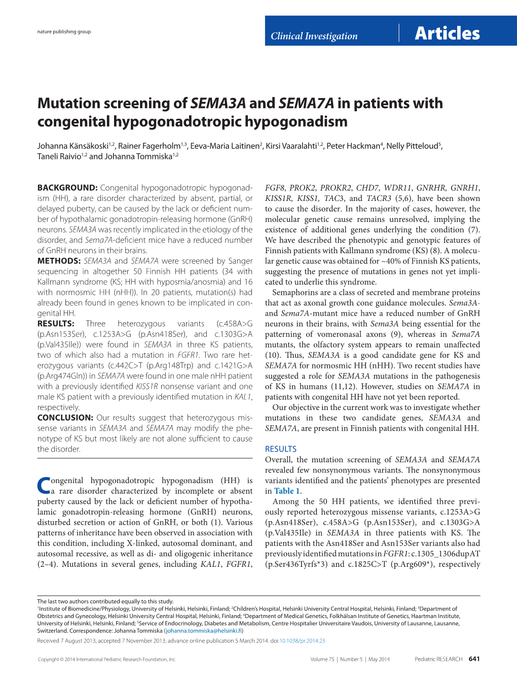 Mutation Screening of SEMA3A and SEMA7A in Patients with Congenital Hypogonadotropic Hypogonadism