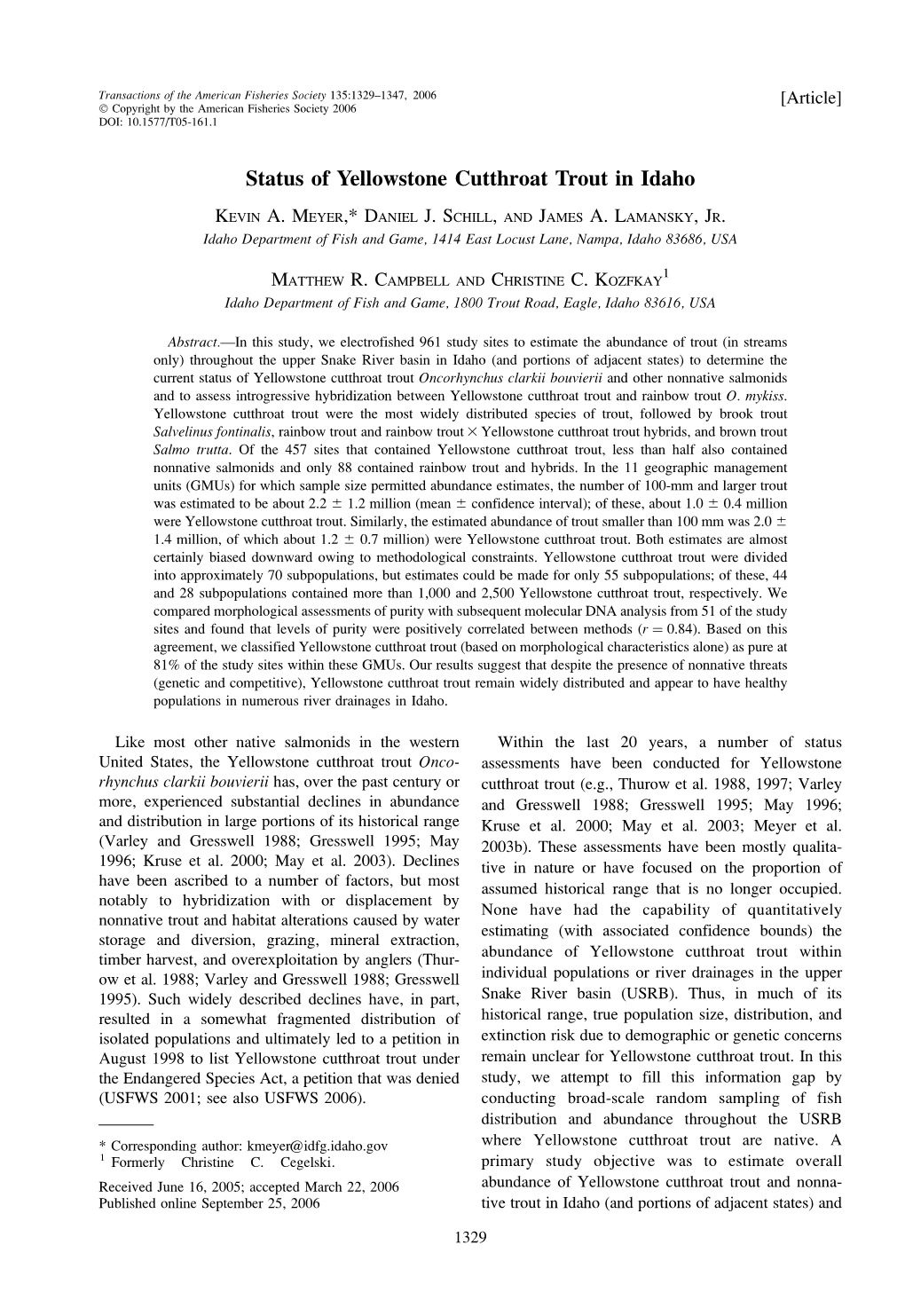 Status of Yellowstone Cutthroat Trout in Idaho