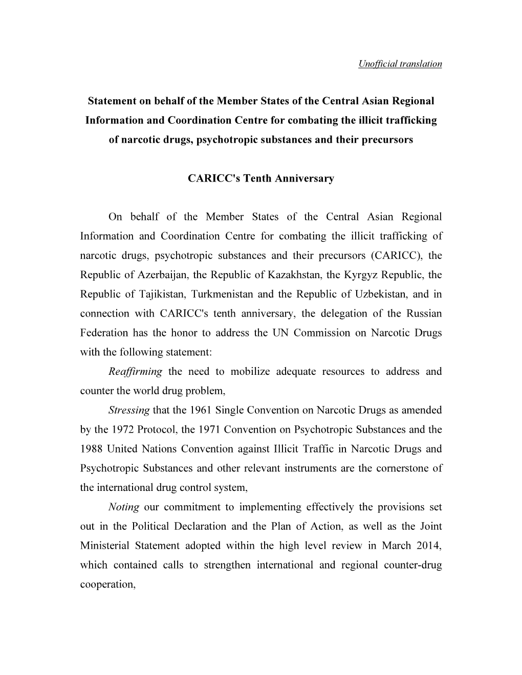 Statement on Behalf of the Member States of the Central Asian