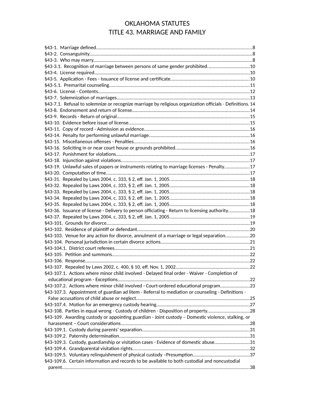 Oklahoma Statutes Title 43. Marriage and Family