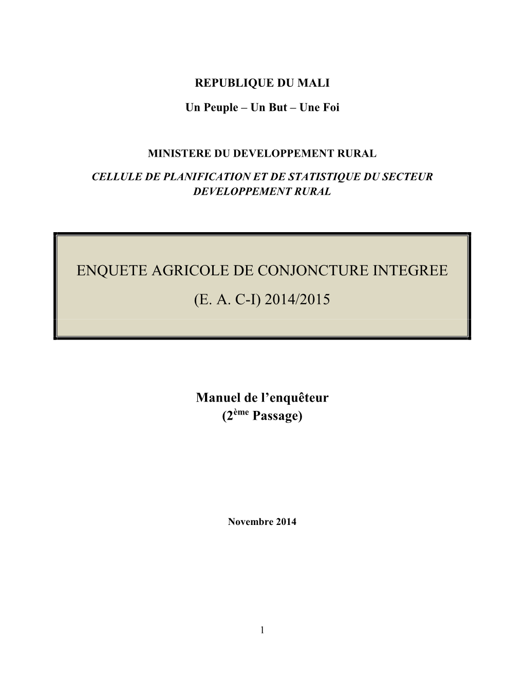 Enquete Agricole De Conjoncture Integree (E. A. C-I) 2014/2015