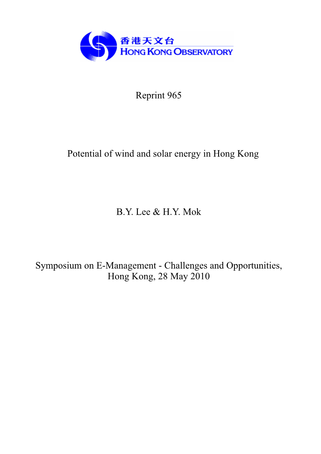 Reprint 965 Potential of Wind and Solar Energy in Hong Kong B.Y. Lee