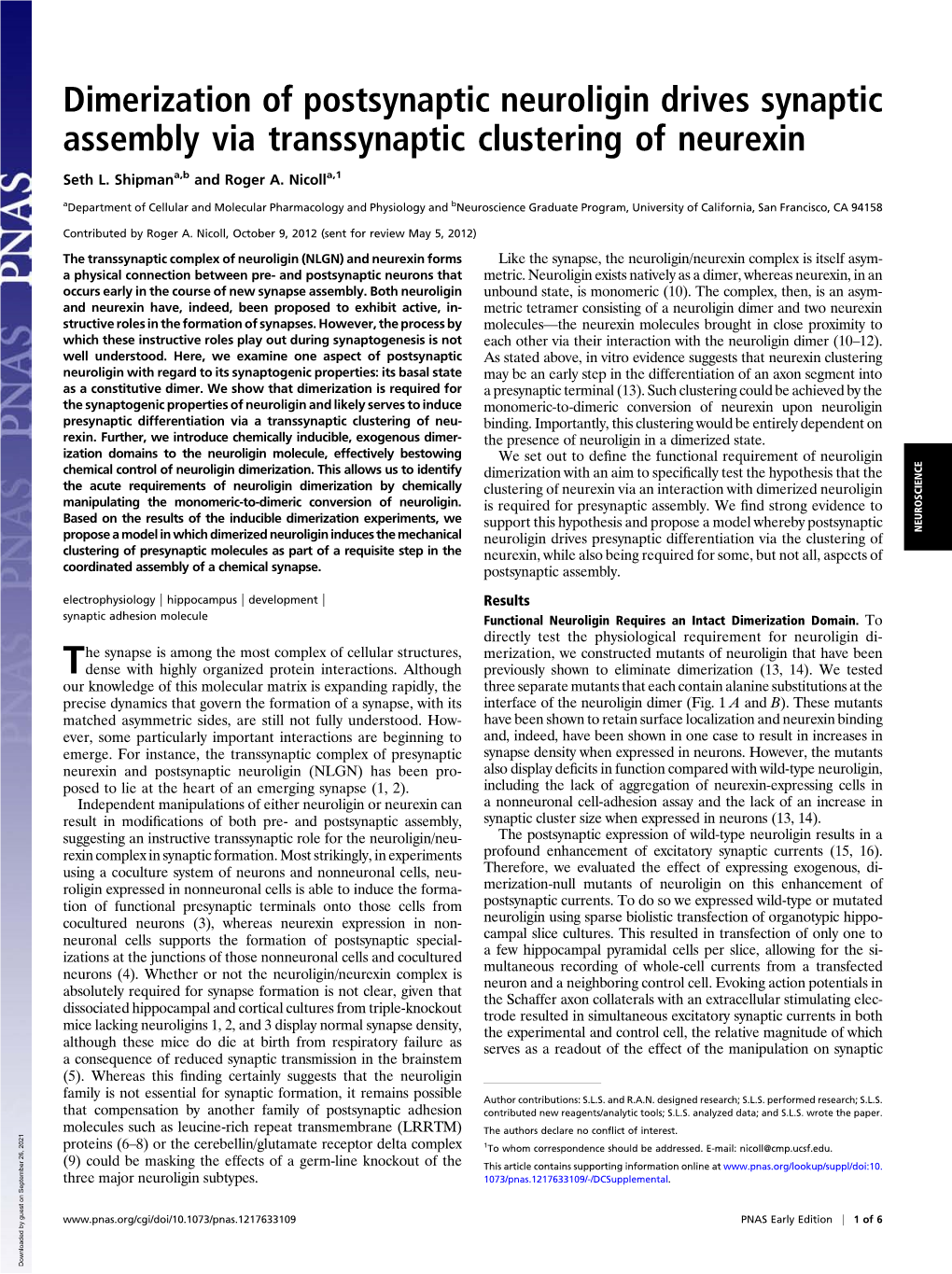 Dimerization of Postsynaptic Neuroligin Drives Synaptic Assembly Via Transsynaptic Clustering of Neurexin