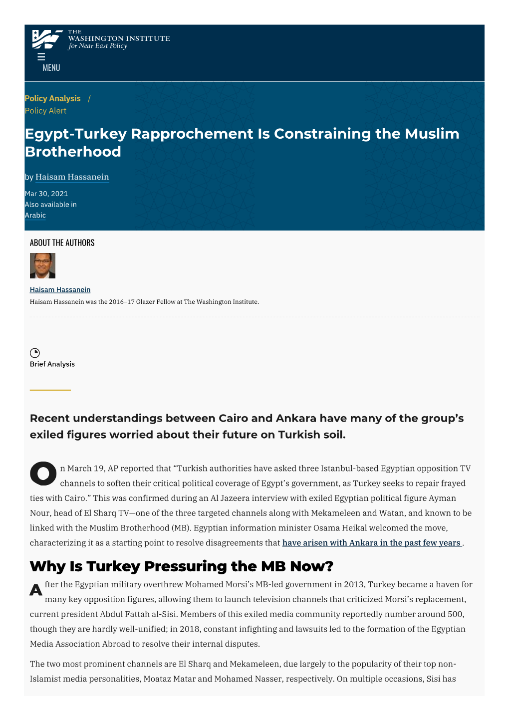 Egypt-Turkey Rapprochement Is Constraining the Muslim Brotherhood by Haisam Hassanein