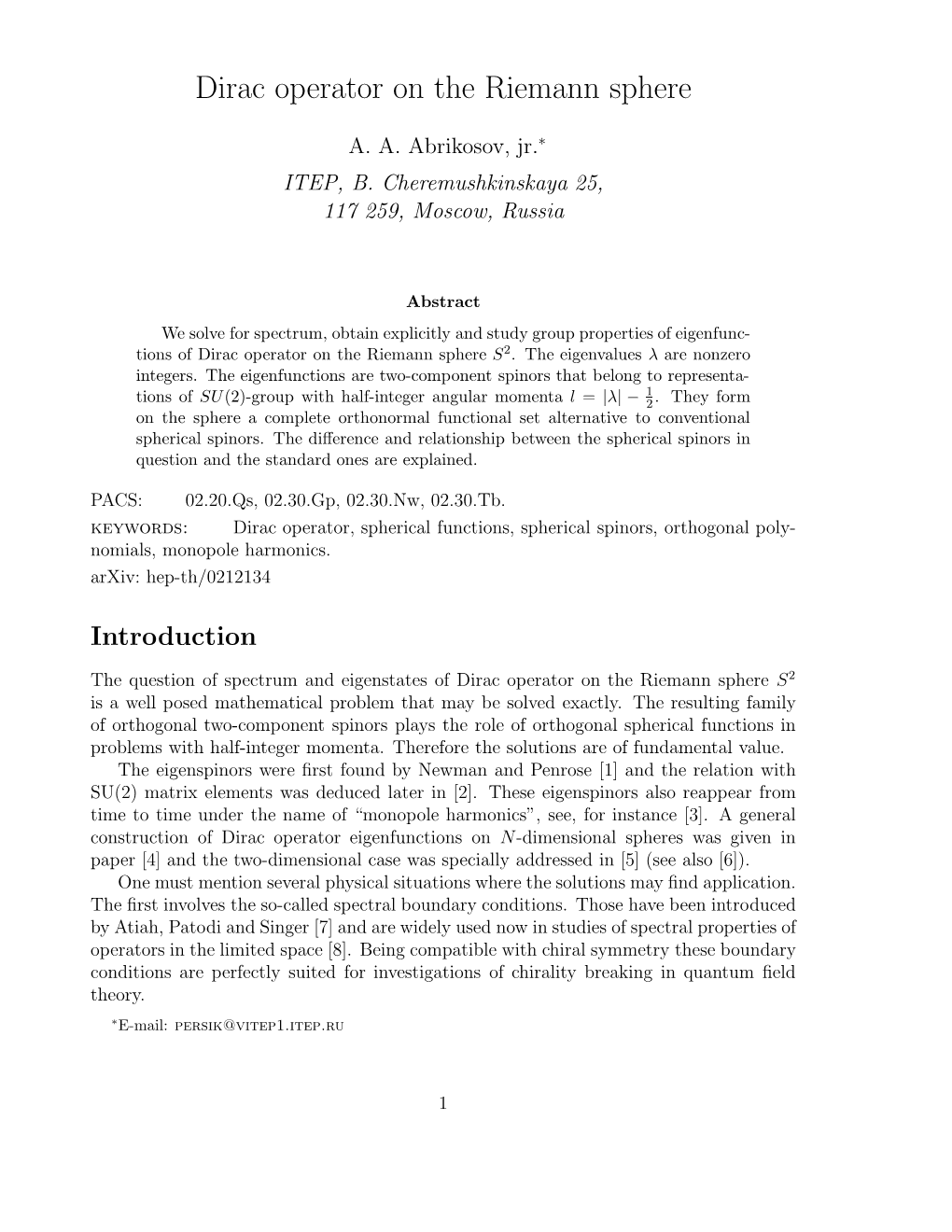 Dirac Operator on the Riemann Sphere