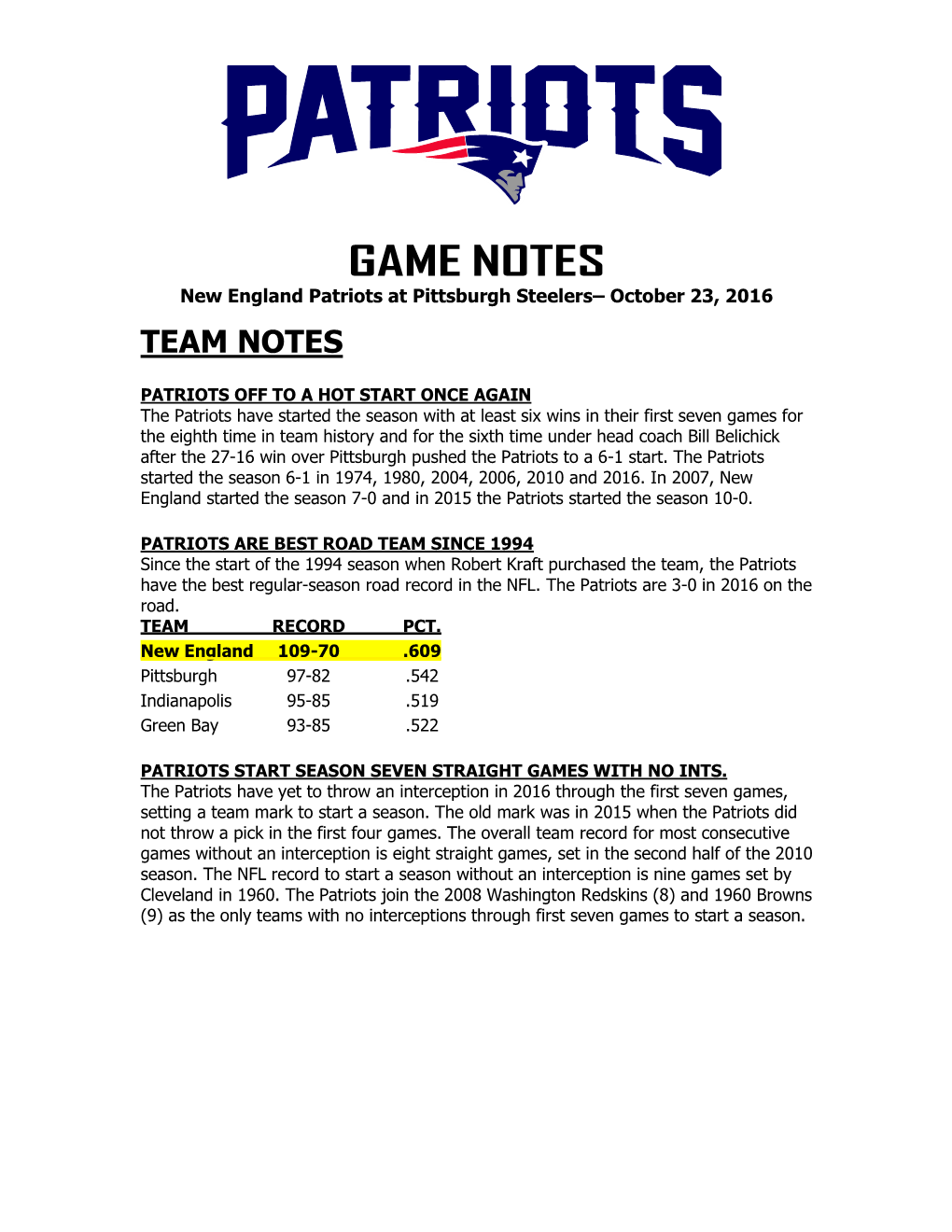 Patriots at Philadelphia Game Notes