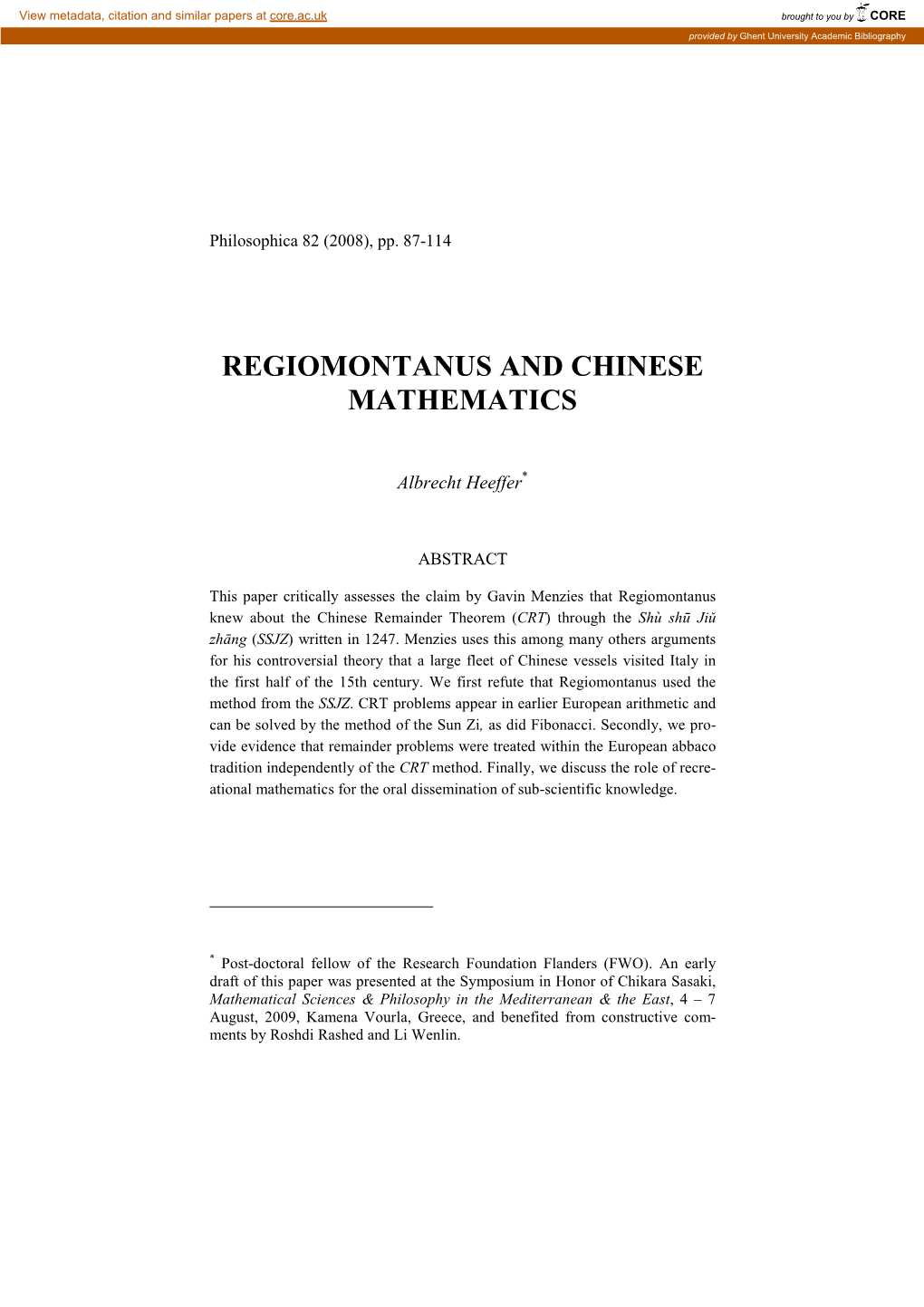 Regiomontanus and Chinese Mathematics