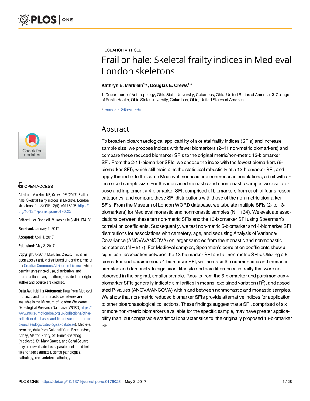 Frail Or Hale: Skeletal Frailty Indices in Medieval London Skeletons