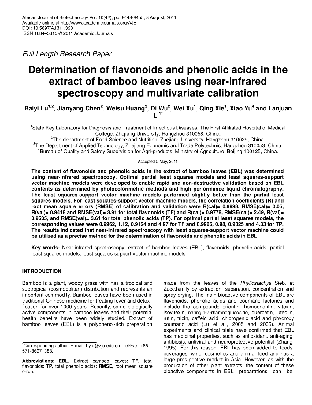 Determination of Flavonoids and Phenolic Acids in the Extract of Bamboo Leaves Using Near-Infrared Spectroscopy and Multivariate Calibration