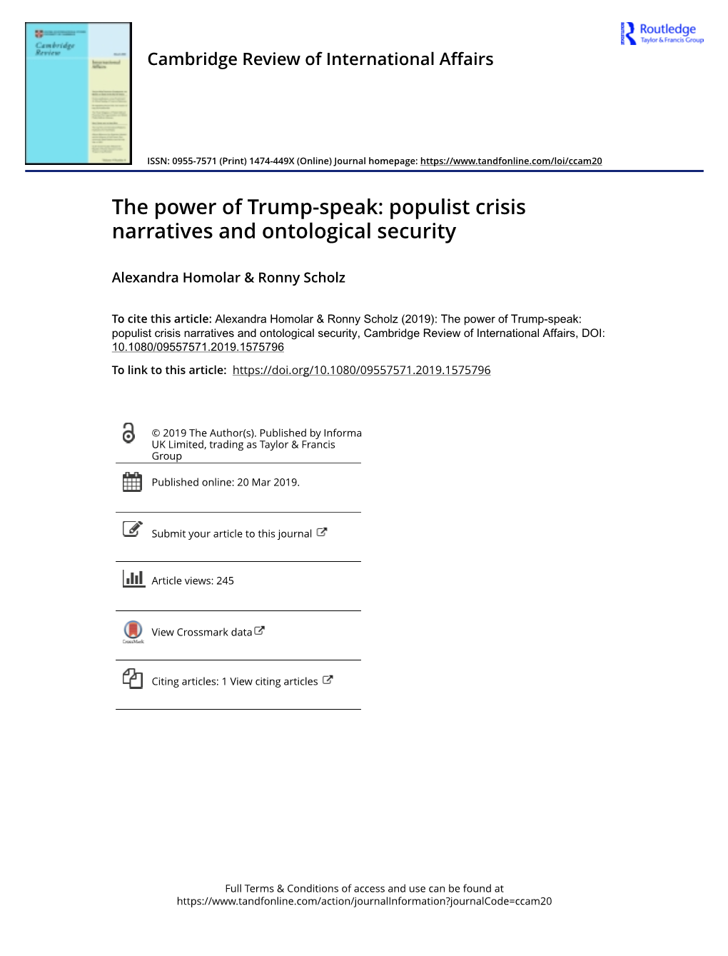 The Power of Trump-Speak: Populist Crisis Narratives and Ontological Security