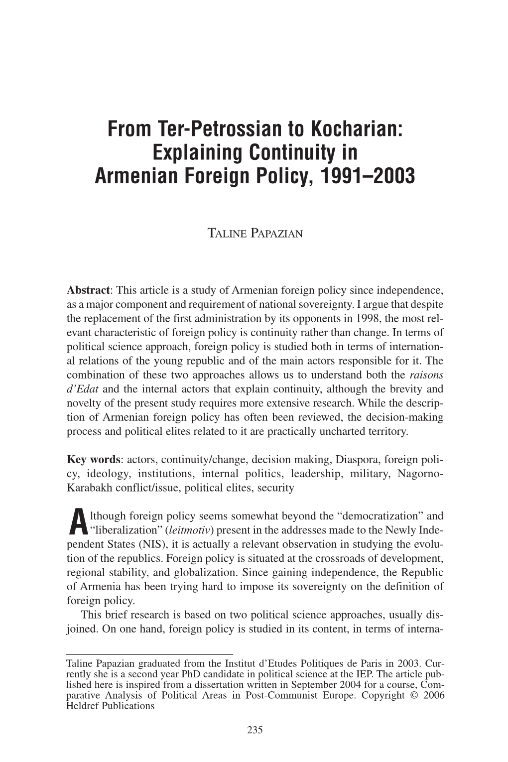 From Ter-Petrossian to Kocharian: Explaining Continuity in Armenian Foreign Policy, 1991–2003